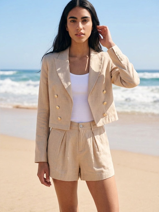 L'AGENCE Jackets & Blazers - L'AGENCE Sandstone Cropped Double-Breasted Linen Blazer